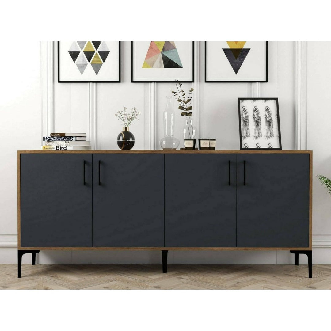 Buffet en verre, gris, contemporain (180 x 35 x 78 cm)