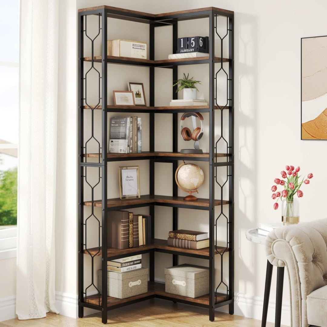 etagere d'angle gris clair 7 etageres de rangement, bois ingenierie style industriel