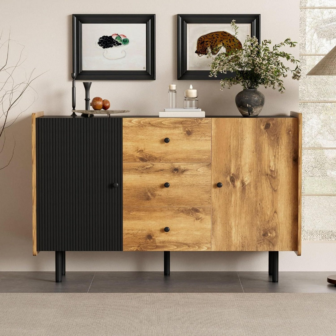 Buffet industriel en MDF et rotin