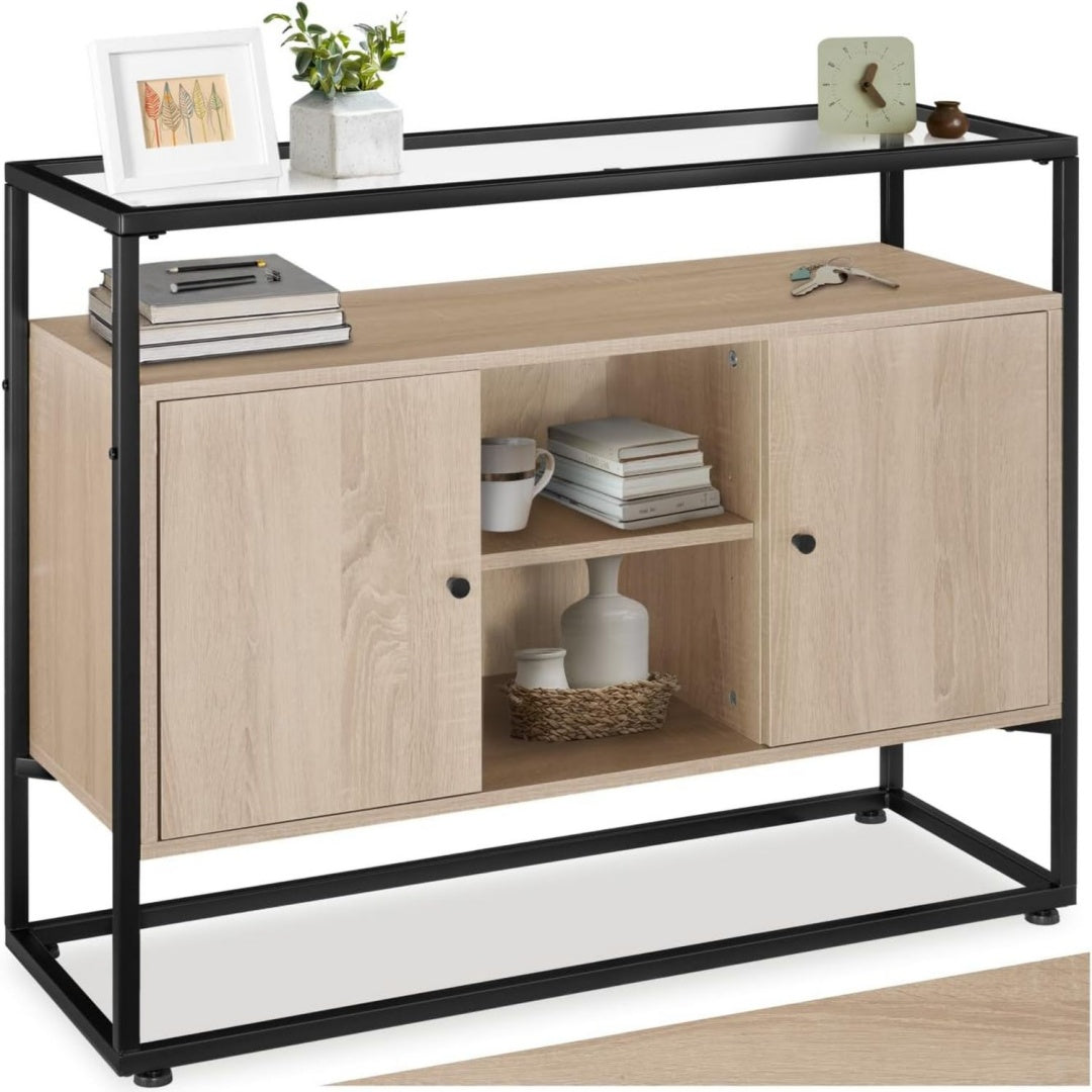 Buffet beige 6 etageres, style industriel bois ingenierie pour salon