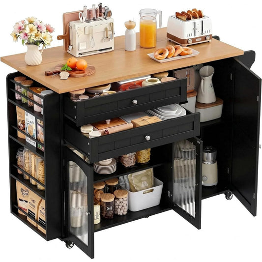 Ilot mobile marron avec 2 tiroirs 132 x 40 x 97 cm
