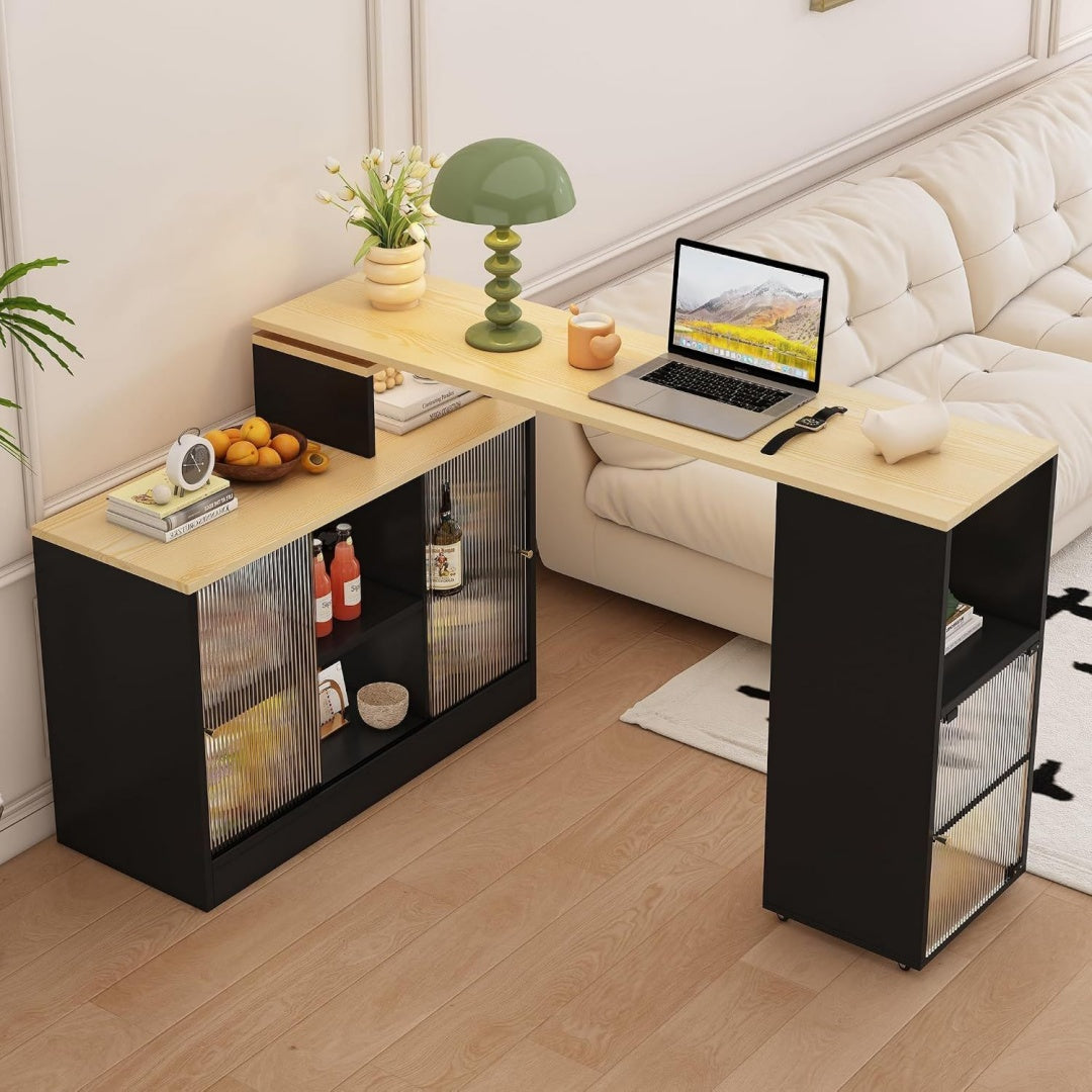 Table beige en verre, style contemporain, rangement spacieux