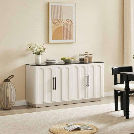 Rangement entree, bahut creme en panneau de particules 4 portes