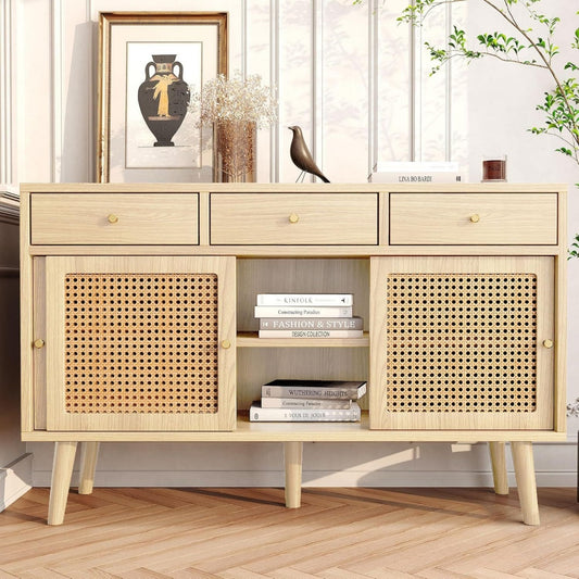 Sideboard style industriel beige en rotin, portes en rotin