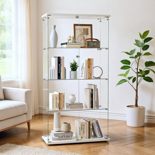 Rangement vitrine couleur gris clair, deux portes, quatre etageres