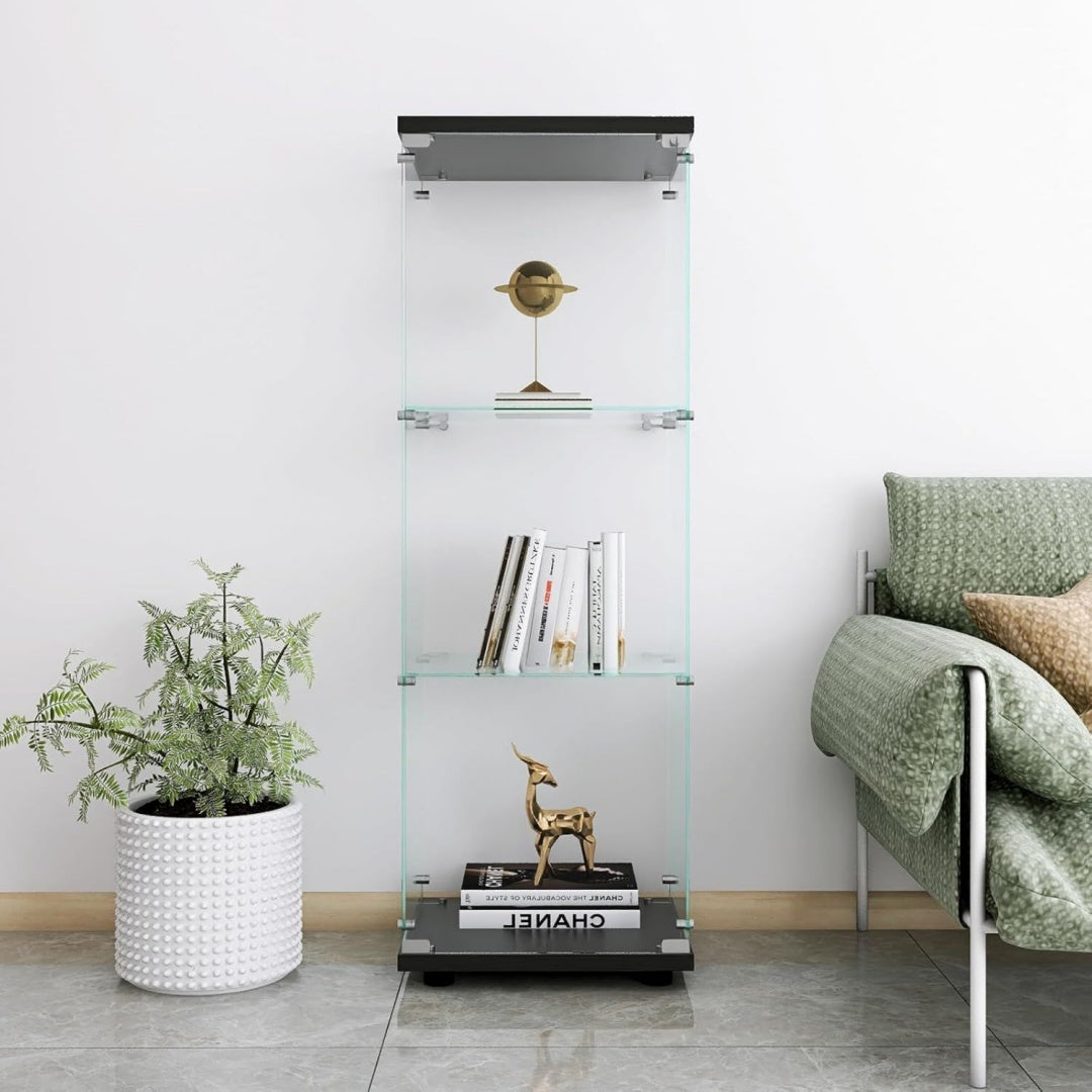 Vitrine gris clair, etageres reglables, rangement pour chambre
