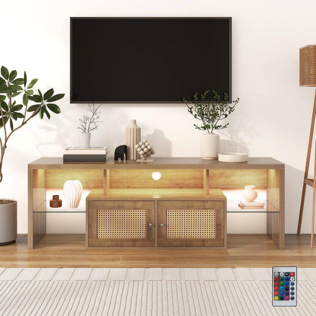 Banc TV gris clair, portes en rotin