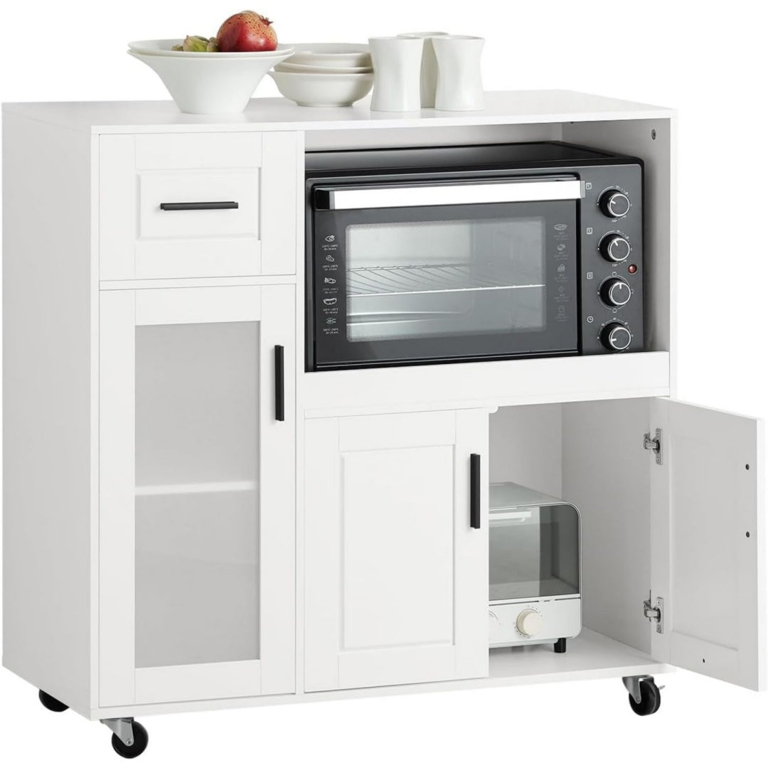 Buffet en verre, gris clair, capacite de rangement importante